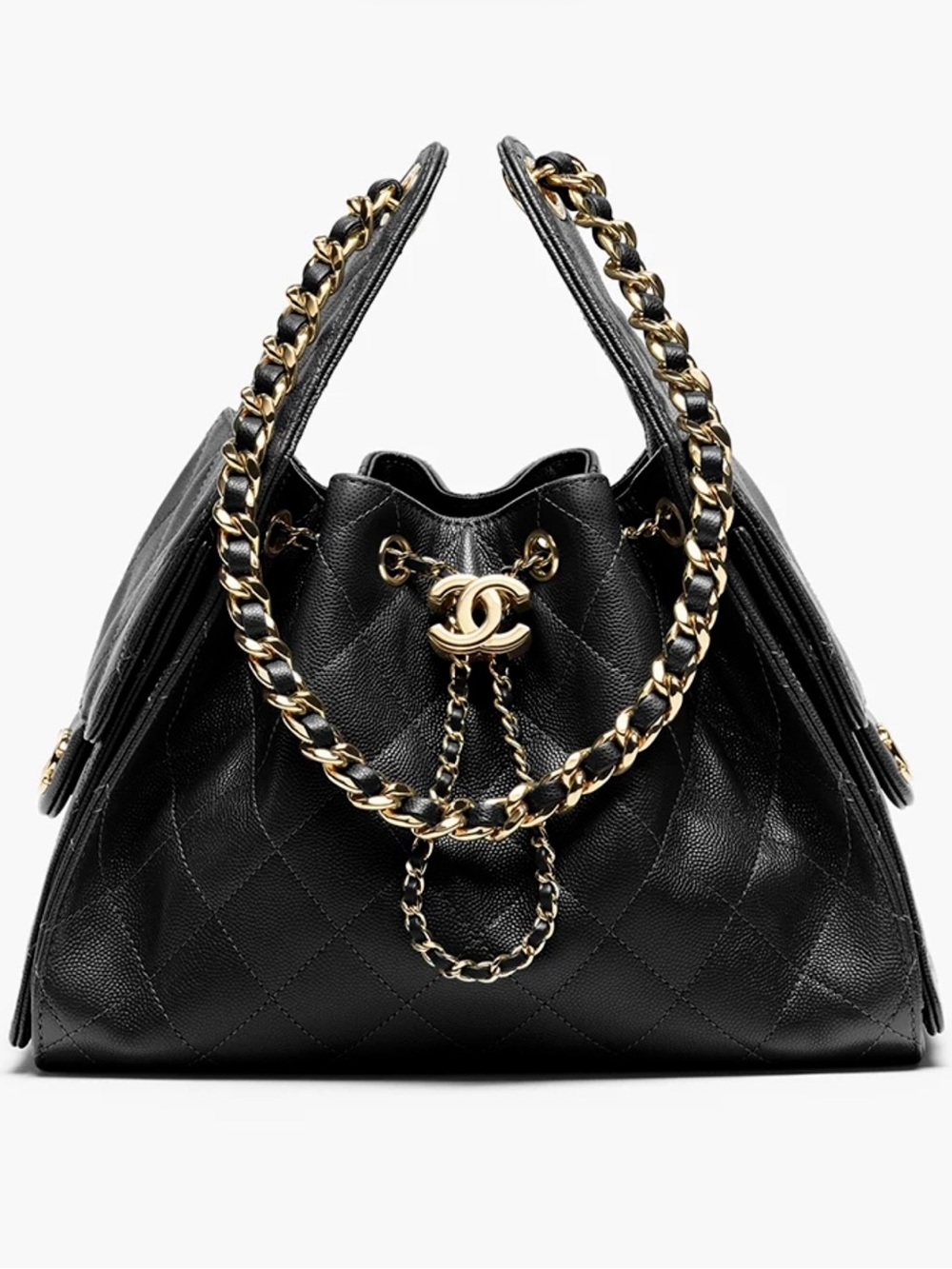 CHANEL Quilted Drawstring Shoulder Bag with Gold Chain & CC Charm NWT